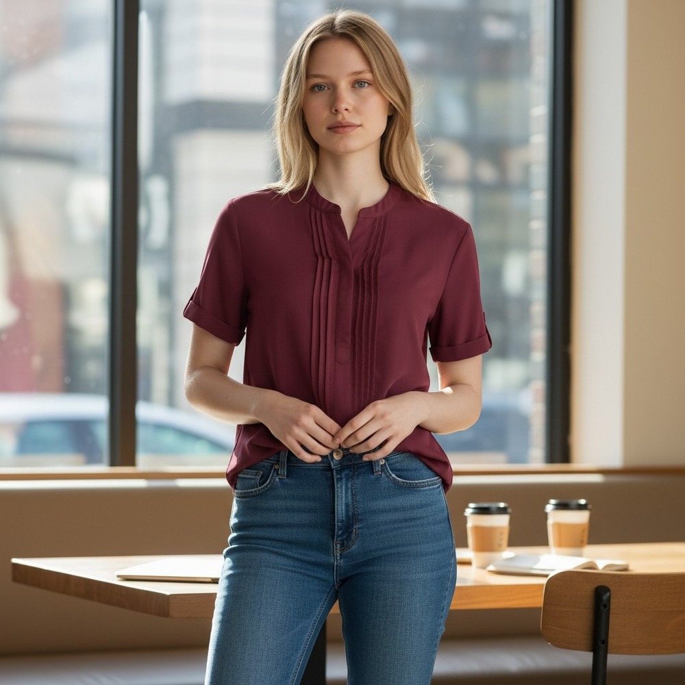 Simply‎ Vera Burgundy Pleated Front Short Sleeve Henley Blouse Maroon Top